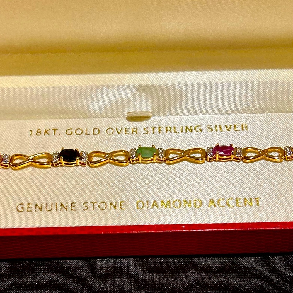 18KT Gold, Diamond Accent, Genuine Stone Bracelet.